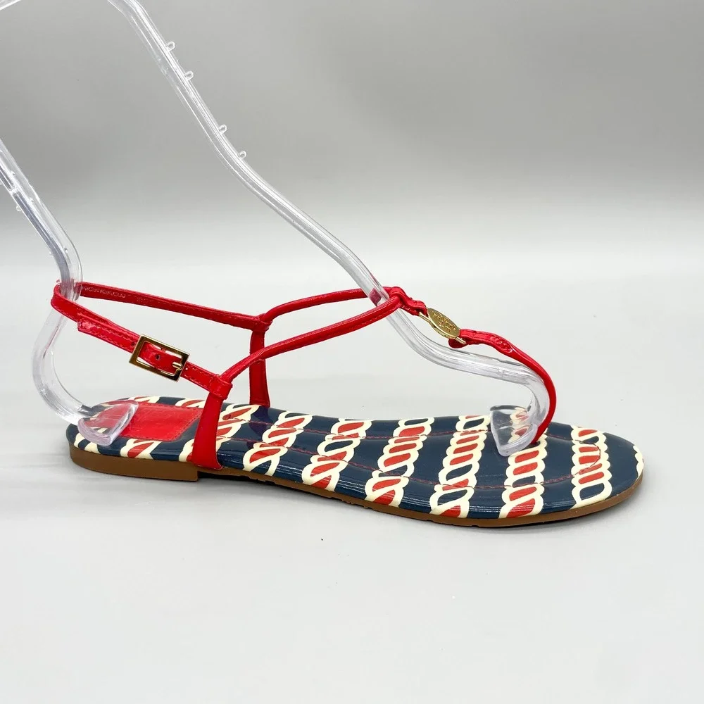 Tory Burch Womens 8.5 Emmy Red Navy Rope Patent Leather Thong Sandals Gold Logo
